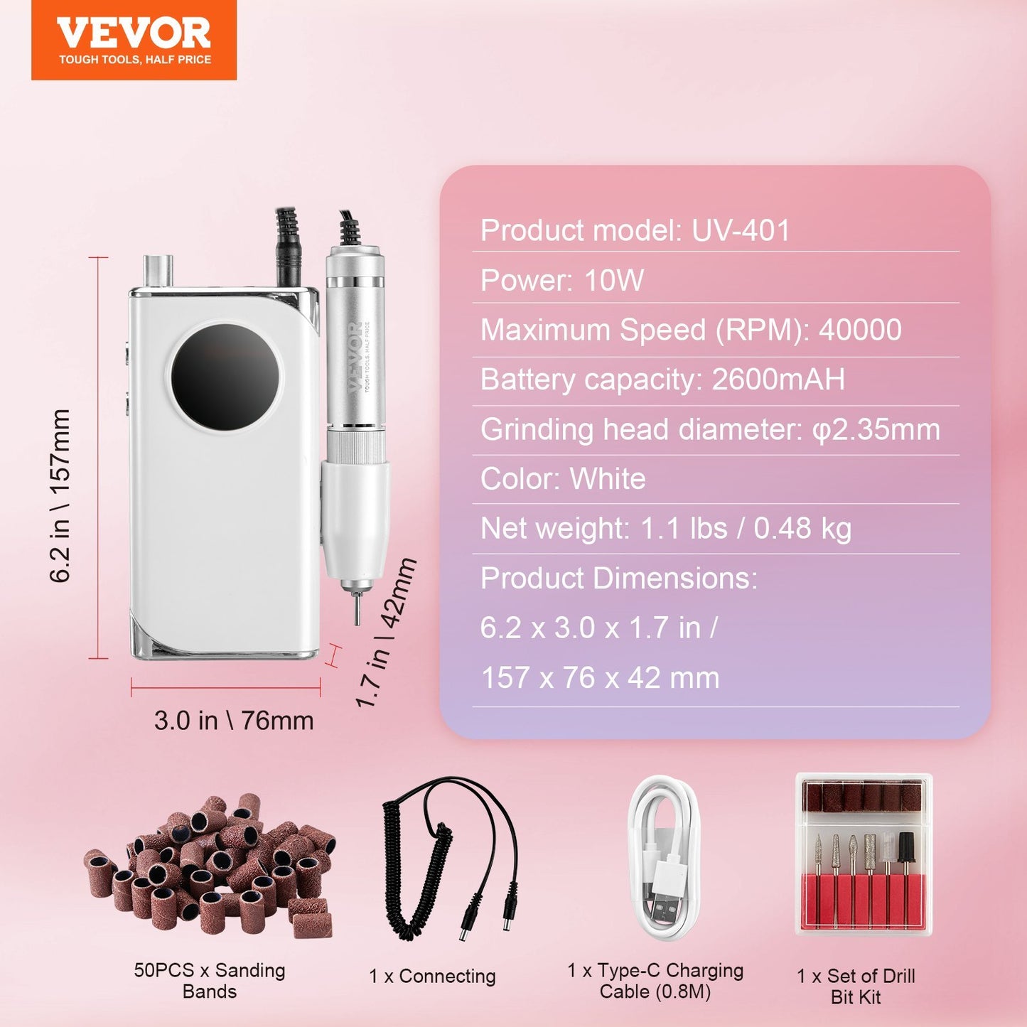 US Local VEVOR Electric Rechargeable Nail Drill, 40,000RPM Portable Cordless Nail E File Machine, LCD-Display Acrylic Gel Grinder Tool With 6 Bits And 50PCS Sanding Bands For Manicure Pedicure Carve Polish