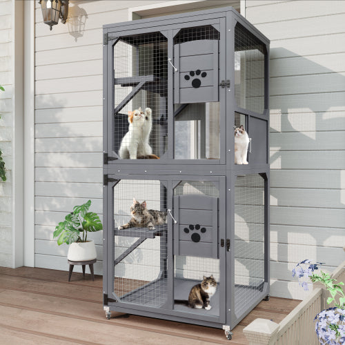 US Local Catio Outdoor Cat Enclosure Window Access, 4 Tiers Cat House With Wheels, Resting Box & Waterproof Roof, Indoor Large Cat House Cage, Gray