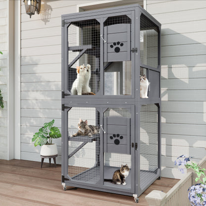US Local Catio Outdoor Cat Enclosure Window Access, 4 Tiers Cat House With Wheels, Resting Box & Waterproof Roof, Indoor Large Cat House Cage, Gray