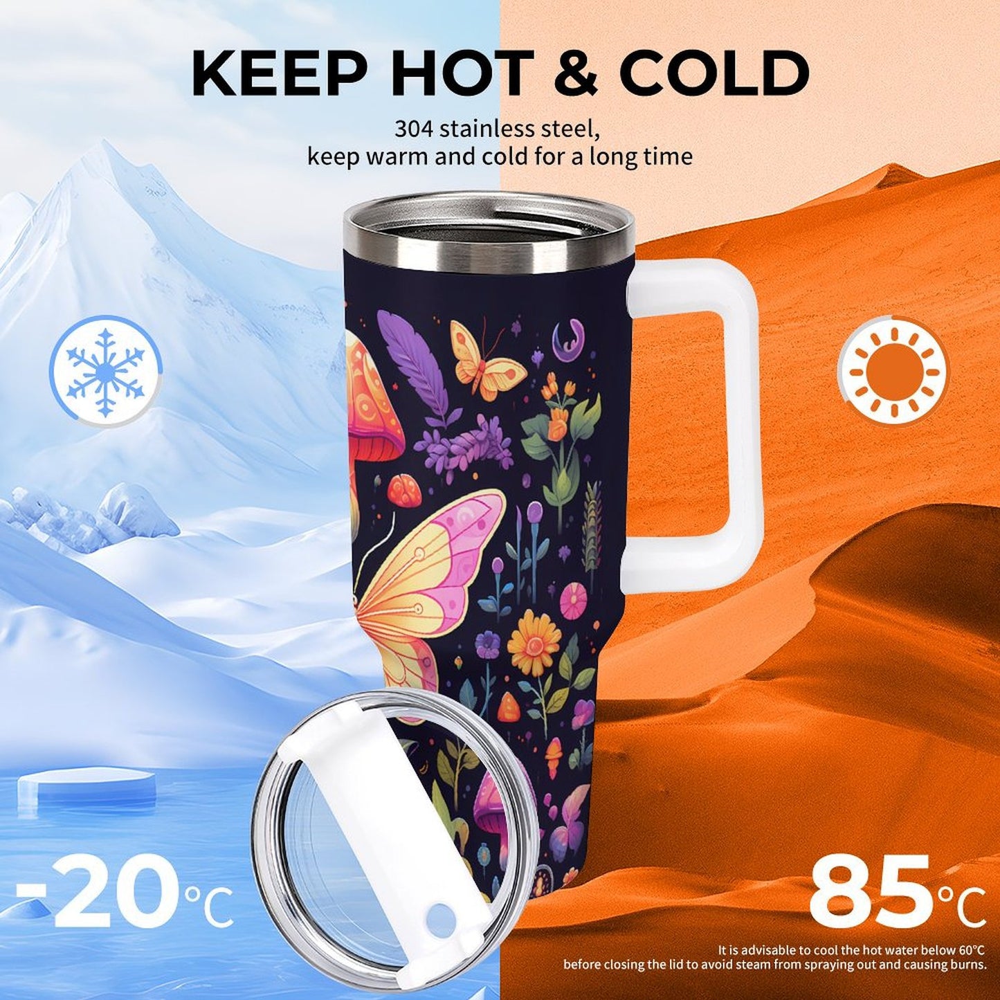 PHDT00528 POD US Local Tumbler 40oz Large Capacity Car Cup Butterflies, Mushrooms, Vitality