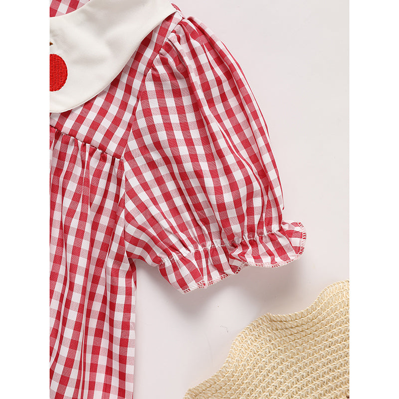 US Local Toddler Kids Girls Back To School Dress Smocked Collar Puff Sleeve Plaid Embroidered Print Dress