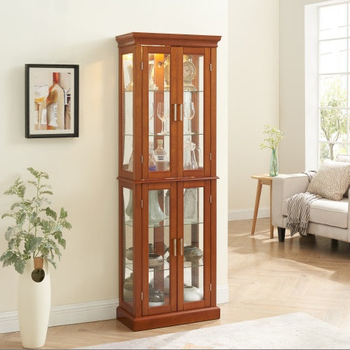 US Local Curio Cabinet Lighted Curio Diapaly Cabinet With Adjustable Shelves And Mirrored Back Panel, Tempered Glass Doors