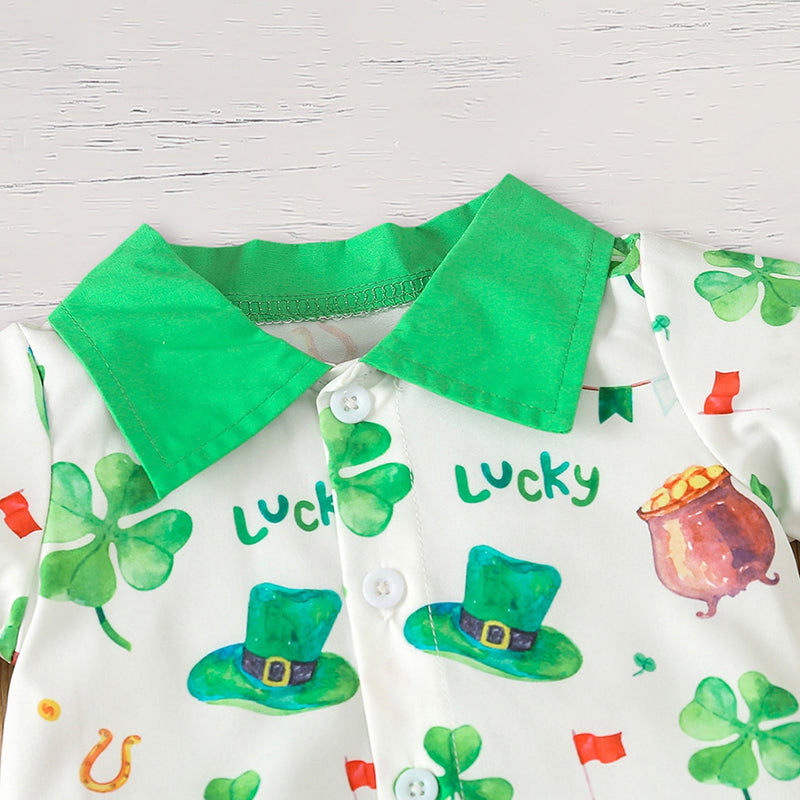 US Local Newborn Baby Boy St. Patrick's Day Clothes Short Sleeve Clover Print Romper & Suspenders Pant 2Pcs Casual Clothes Set
