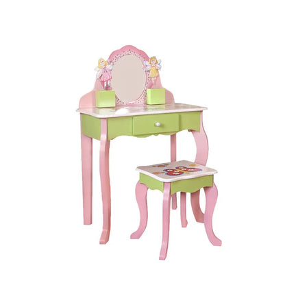 US Local Princess Vanity Make Up Table Wooden Dressing Table With Mirror And Stool For Kids