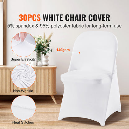 US Local VEVOR White Stretch Spandex Chair Covers - 30 PCS, Folding Kitchen Chairs Cover, Universal Washable Slipcovers Protector, Removable Chair Seat Covers, For Wedding Party Dining Room Banquet Event