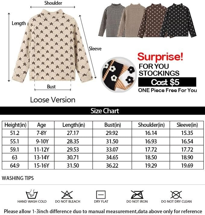 US Local Askfine Girls Boys Pattern Half Turtleneck Sweaters Kids Warm Long Sleeve Knit Pullover Tops Unisex 5-14 Years