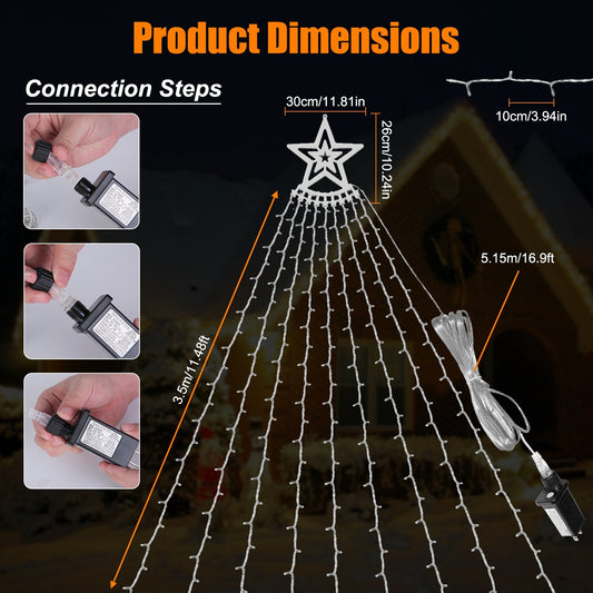 US Local 11.48FT 350LED Multicolored Christmas Star Waterfall Tree String Light Indoor Outdoor Waterproof String Lights With Star Topper 8 Light Modes Memory Function For Holiday Wedding Yard Party Home