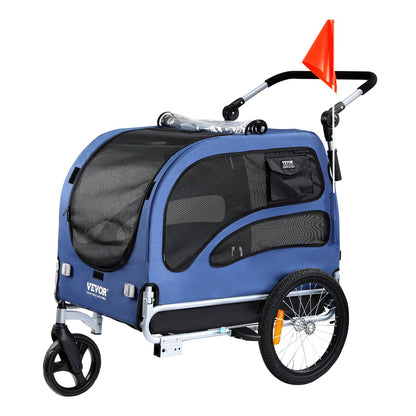 2-in-1 Pet Stroller Cart Bicycle Carrier, Easy Folding Cart Frame With Quick Release Wheels, Universal Bicycle Coupler, Reflectors, Flag, Blue Black