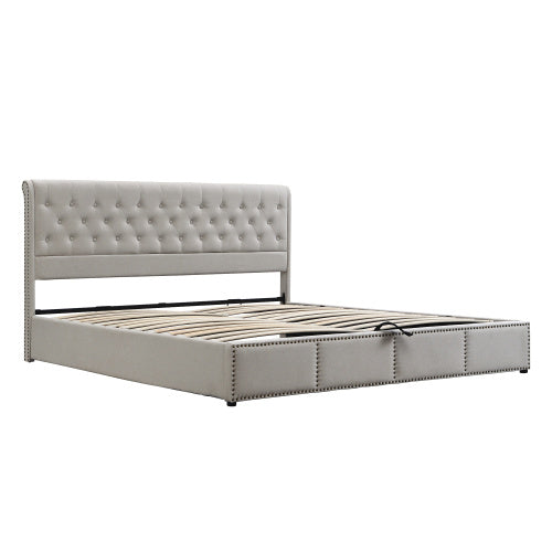 UK Local Upholstered Bed,Double Bed-4ft6 135x190cm ,with Hydraulic Lever, Functional Storage Bed, Rivet Decoration, Without Mattress, Linen, Light Grey