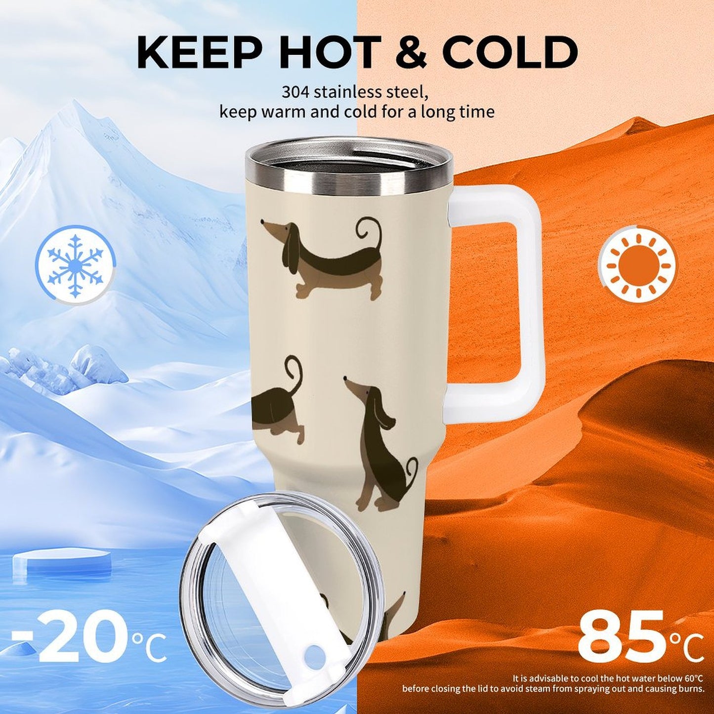 PHDT00352 POD US Local Tumbler 40 oz Large Capacity Car Cup Dachshund, Brown, Pet Dog