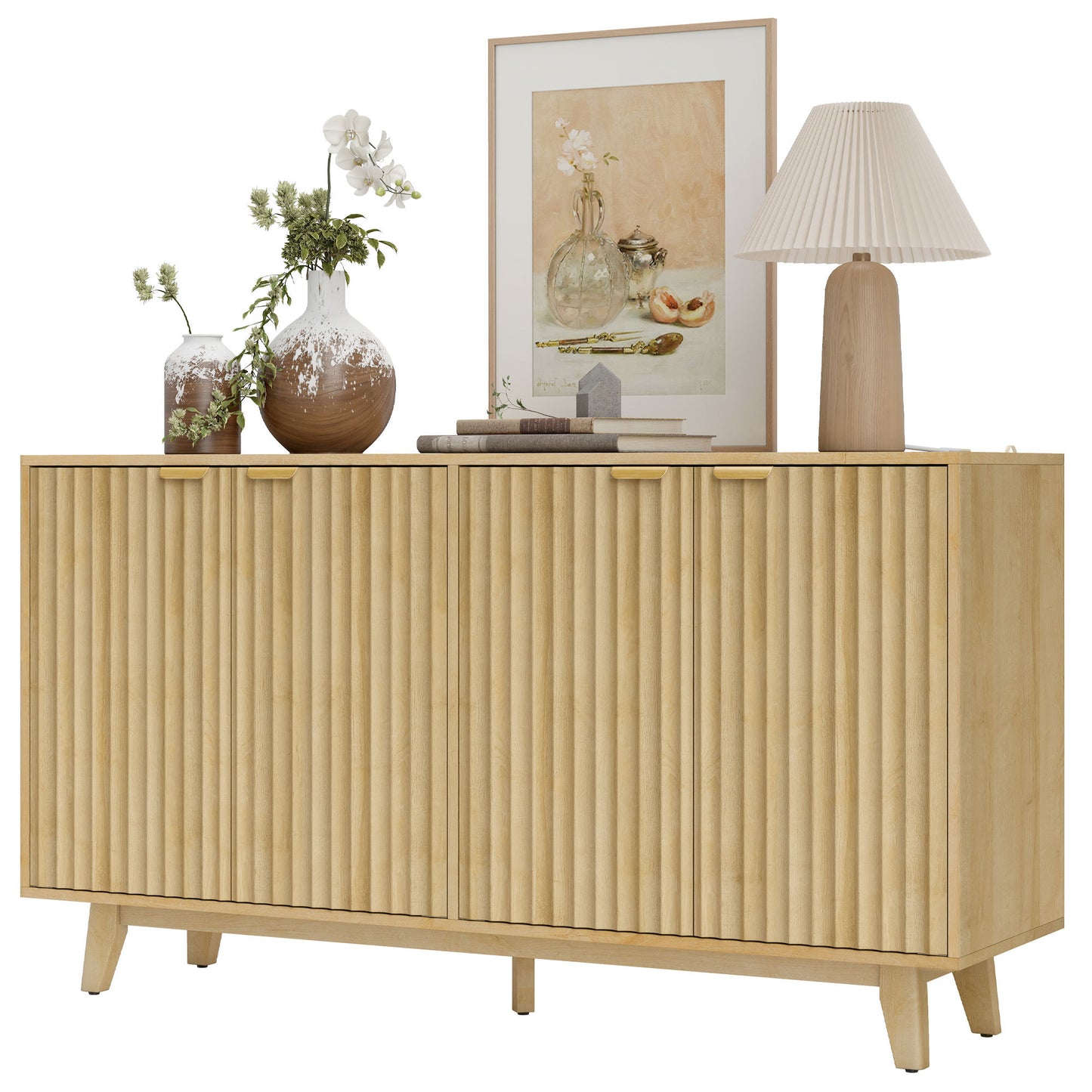 US Local Fluted Sideboard Buffet Cabinet, 55 Coffee Bar Cabinet With 4 Doors, 2 Adjustable Shelves, 5 Wood Legs, Oak