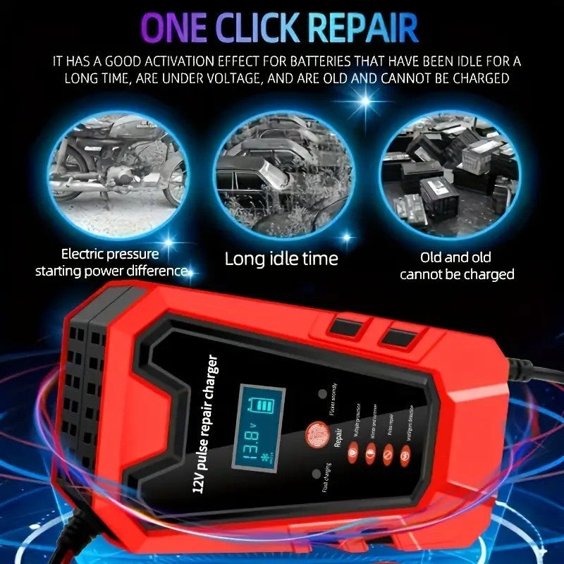 US Local Smart 12V Car Battery Charger And Motorcycle Battery Maintainer, Easy To Operate, Full Power Self-stop, LCD Display, Battery Temperature Compensation, Without Battery