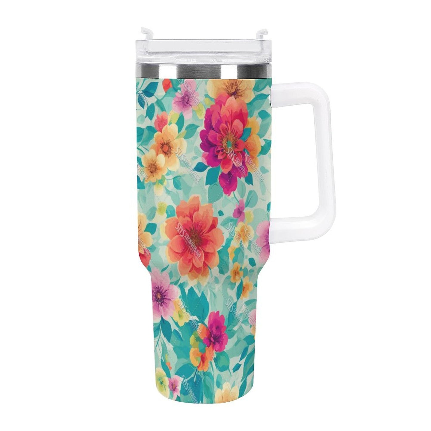 PHDT00440 POD US Local Tumbler 40 oz Large Capacity Car Cup Red Flowers, Green Leaves, Vintage
