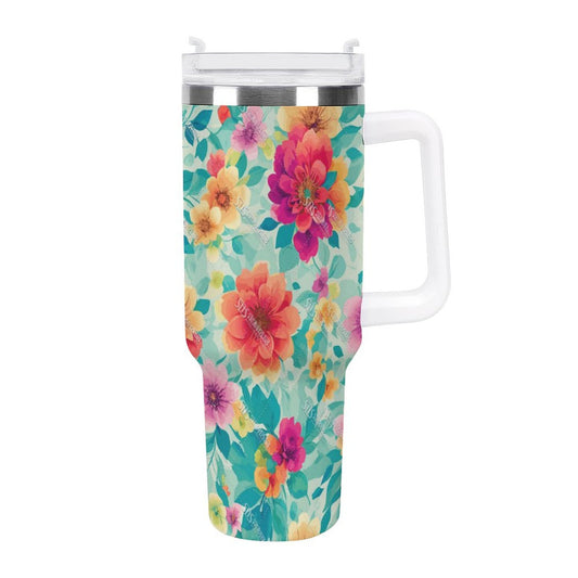 PHDT00440 POD US Local Tumbler 40 oz Large Capacity Car Cup Red Flowers, Green Leaves, Vintage