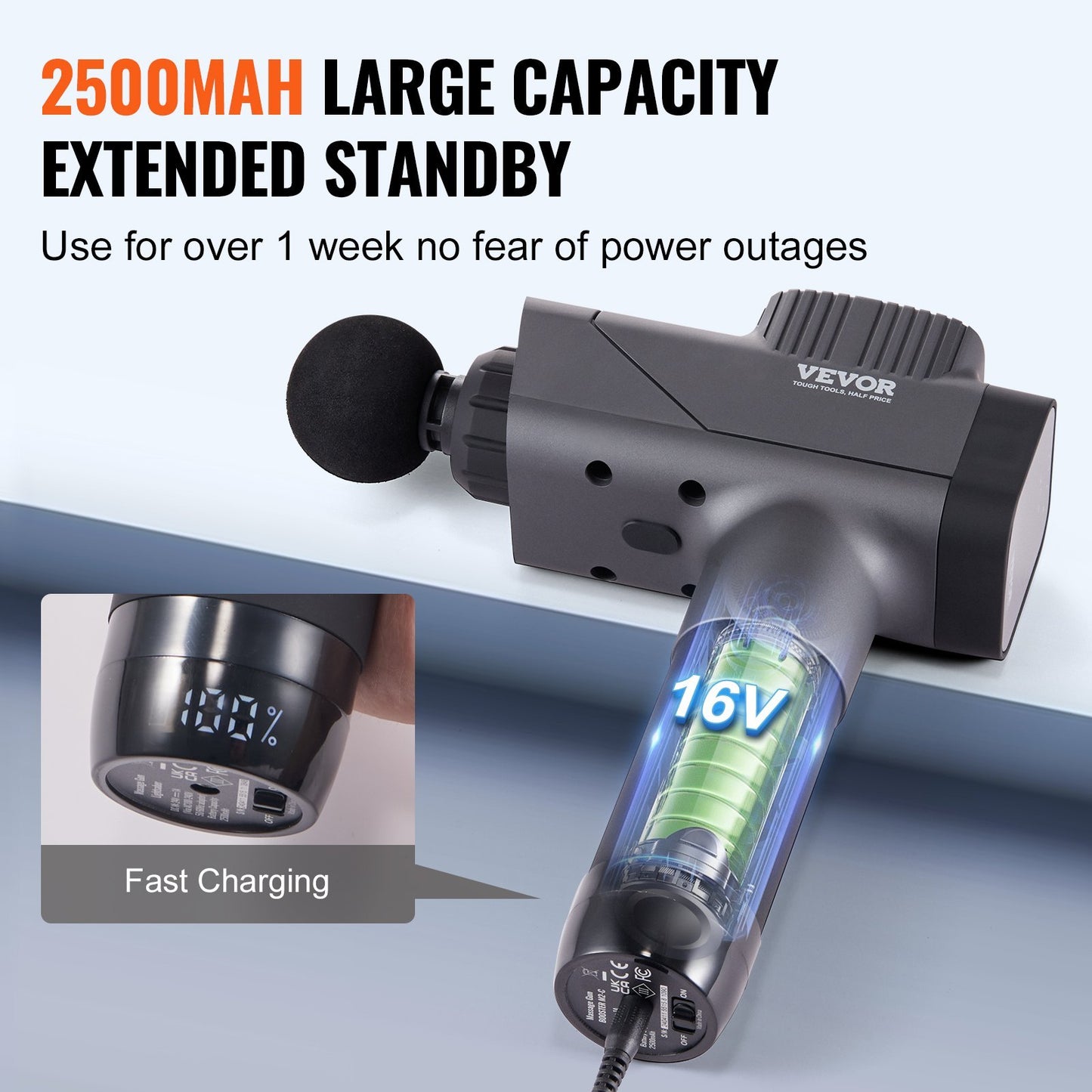 US Local VEVOR Massage Gun Deep Tissue, Percussion Muscle Massager For Athletes - With 8 Speed Levels & 6 Massage Heads, 16V 2500mAh Batteries, Handheld  Massage Gun For Pain Relief, Muscle Relaxation