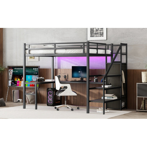 US Local Metal Loft Bed With Wardrobe And Adjustable Shelves