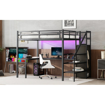 US Local Metal Loft Bed With Wardrobe And Adjustable Shelves