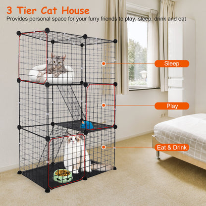 US Local 3 Tier Cat Playpen Cage Metal Indoor Cat House Detachable Kitten House With 3 Doors 2 Ladders Large Cat Exercise Place For 1-2 Cats Black