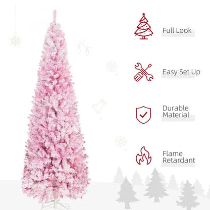 US Local 7.5' Tall Unlit Snow Flocked Artificial Christmas Tree Slim Pencil Xmas Tree With Pine Shape And Realistic Branches, Pink