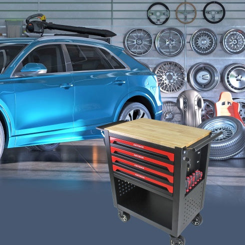 US Local 4 DRAWERS MULTIFUNCTIONAL TOOL CART WITH WHEELS AND WOODEN TOP