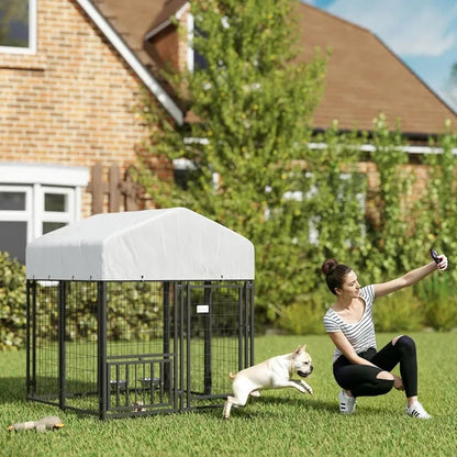 US Local Welded Wire Outdoor Dog Kennel With Rotating & 4 Levels Adjustable Bowls
