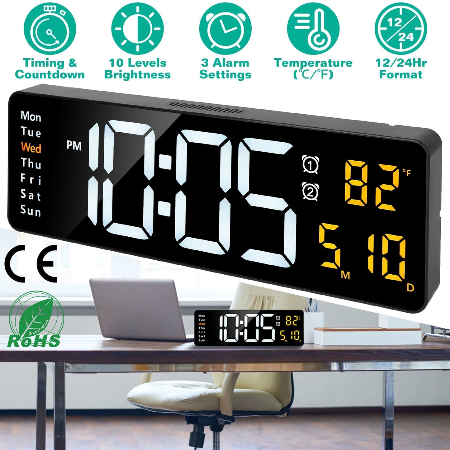 US Local 15.7in LED Digital Wall Clock With Remote Control 10 Level Brightness 3 Alarm Settings 12-24Hr Format Timing Countdown Temperature Calendar Display Decorative Clock For Office Home
