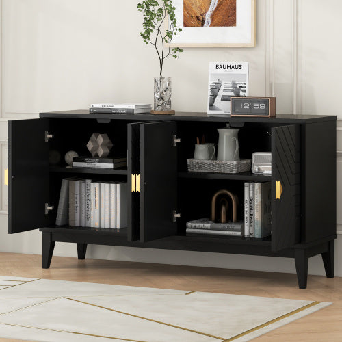 US Local 4-door Sideboard Storage Cabinet For Living And Dining Room, Two Large Cabinets With Gold Handle And Adjustable Shelves, Black