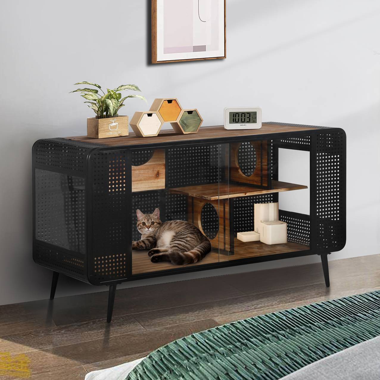 US Local Spacious Cat House With Tempered Glass For Living Room, Hallway