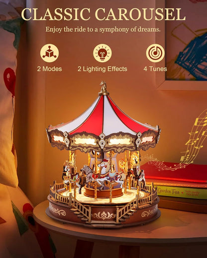 US Local ROBOTIME 3D Wooden Puzzle Classic Carousel Music Box With LED Lights, Model Kits For Adults To Build, Gear Model Building Construction Craft Kits