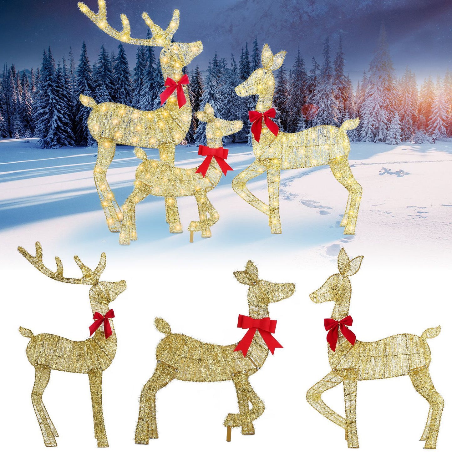 US Local 3 Pcs In 1 Set 2D Lighted Christmas Deer Family Set Indoor Outdoor Light Up Reindeer Decorations Lighted Buck Doe Fawn Display With 8 Lighting Modes
