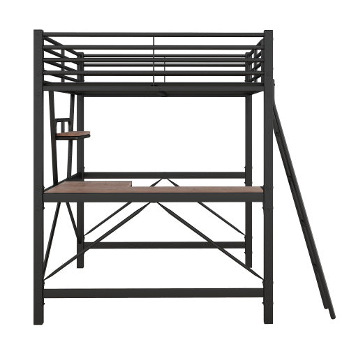 US Local Full Size Loft Metal&MDF Bed With Desk And Shelf, Black