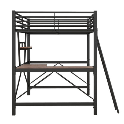 US Local Full Size Loft Metal&MDF Bed With Desk And Shelf, Black