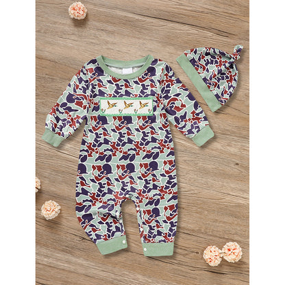 US Local Newborn Baby Boy Outfits Long Sleeve Animal Print Romper & Hat 2Pcs Fall Winter Clothes Set