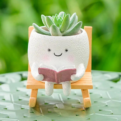 US Local 2 Pieces Of Cute Character Reading Rocking Chair Resin Flower Pots Indoor And Outdoor Plant Decoration Vase Home Flower Gift