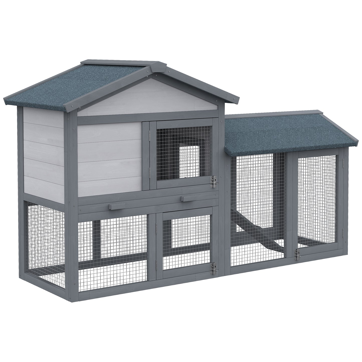 US Local Outdoor Rabbit Hutch Wooden Bunny Cage Guinea Pig House With Run Area Removable Tray Asphalt Roof Lockable Doors Ramp Gray