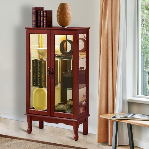 US Local Curio Cabinet Lighted Curio Diapaly Cabinet With Adjustable Shelves And Mirrored Back Panel, Tempered Glass Doors