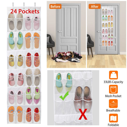 US Local Over The Door Shoes Rack 24-Pocket Crystal Clear Organizer 6-Layer Hanging Storage Shelf For Shoes Slippers Small Toys Closet Cabinet
