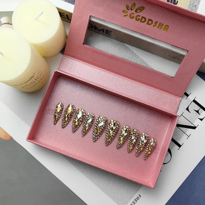 US Local GGddsha Full Diamond Medium Almond Press On NailsReusable PMMA Acrylic Handmade Nails Full Deluxe 3DCrystal Fake Nails W Box Gift For Women,Crown Jewel