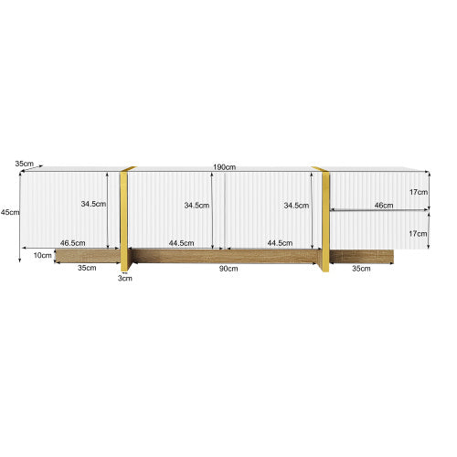 UK Local 190 Cm TV Cabinet, 3 Doors, 2 Drawers, White With Gold And Wood Grain