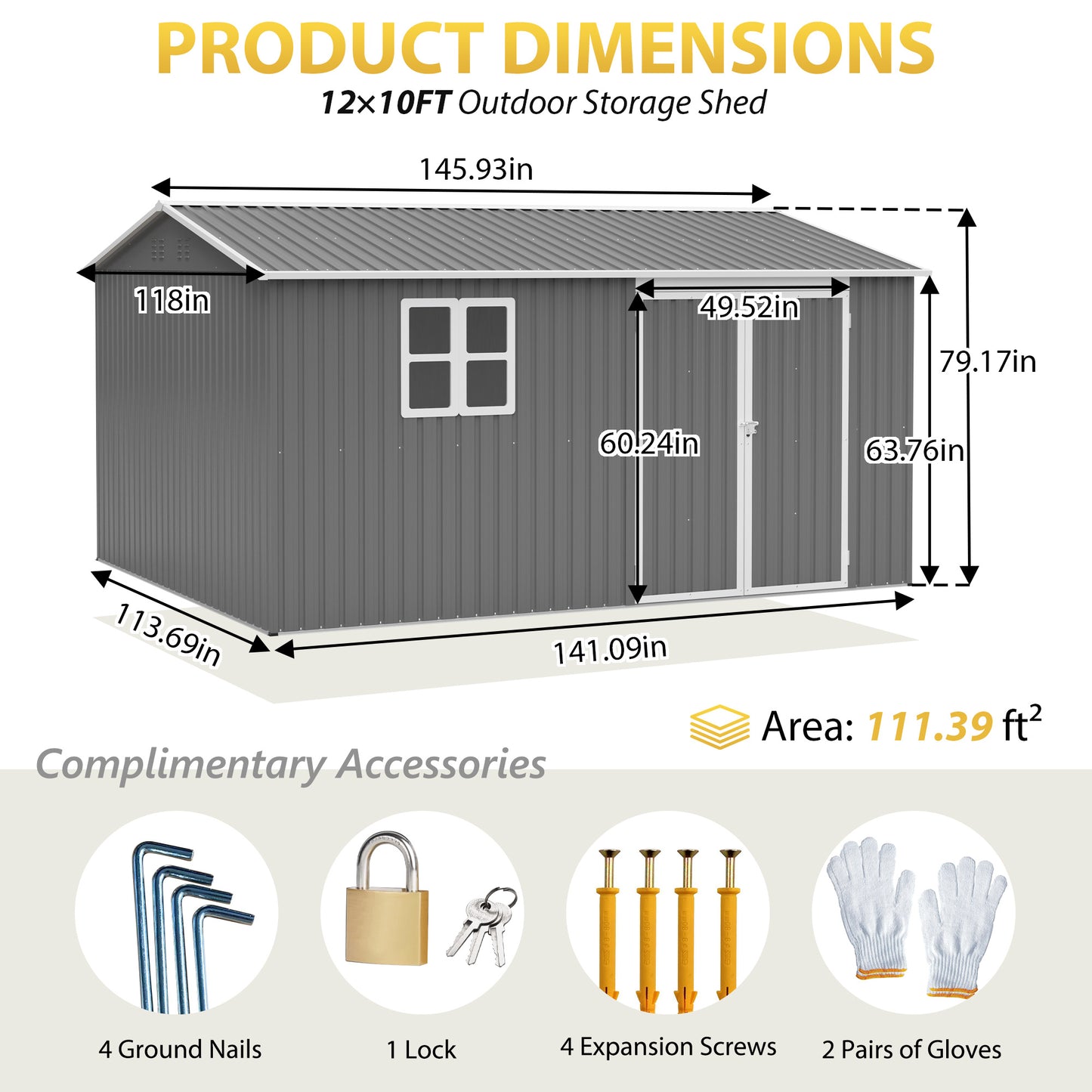 US Local 12x10 FT Outdoor Storage Shed Metal, Large Garden Tool Sheds Outdoor With Lockable Doors, Waterproof Steel Utility Storage Building, Heavy Duty Equipment Shed For Patio Lawn Garden, Grey