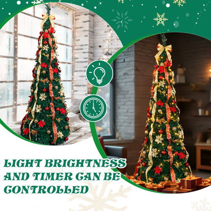 US Local 7 FT Fully Decorated Pre-lit Christmas Tree, Pop Up Artificial Xmas Tree With 200 Warm Lights Remote Control And Red & Golden Ornaments For Home Office Store Holiday Deco