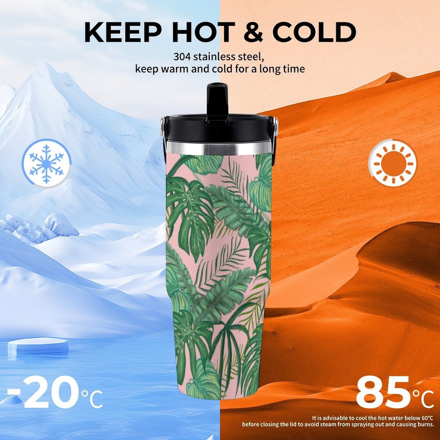 POD US Local Tumbler 30oz Large Capacity Car Cup Tropical, Monstera, Pink Background, Greenery Style