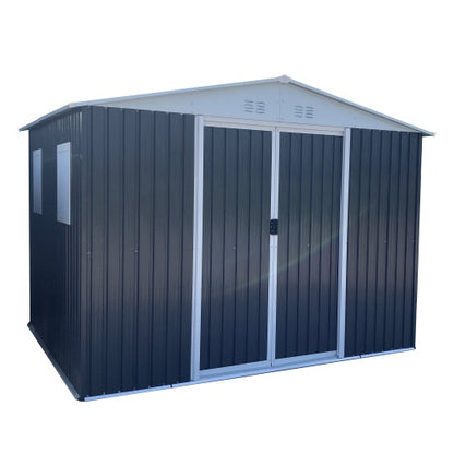US Local Metal Anti-Corrosion Utility Tool House With Lockable Door, Garden Shed 10FTx8FT Apex Roof Grey With Windows And Aluminum Alloy Frame