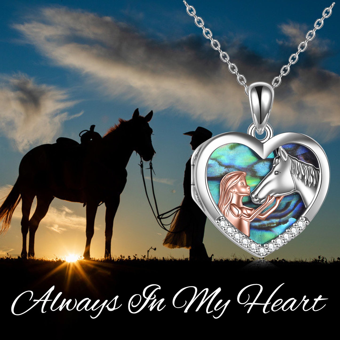 US Local Horse Heart with Girls Pendant Necklace Gifts for Her