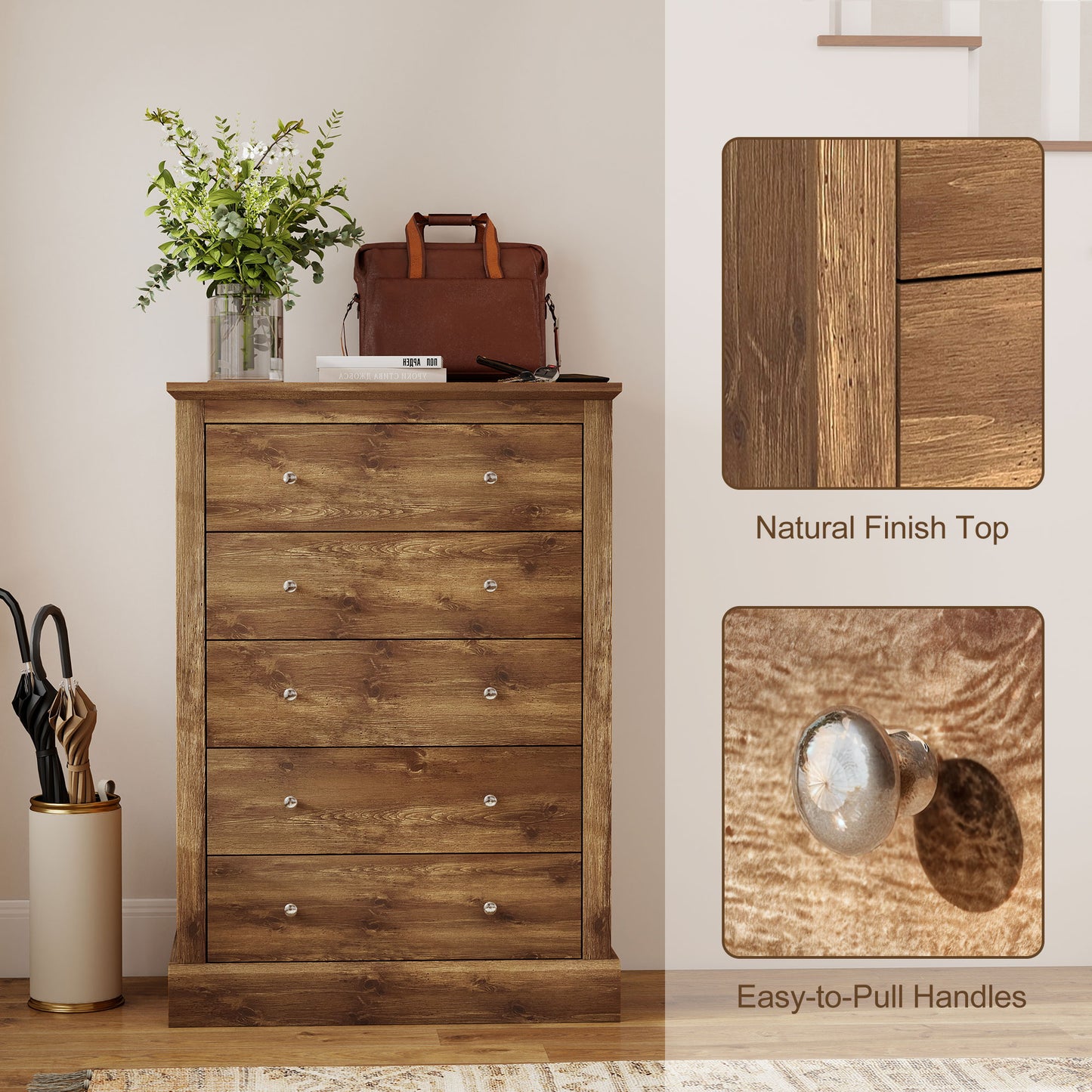 US Local 31 Wide Farmhouse Chest Of Drawers With 5 Drawers, Dresser For Bedroom With Wood Top For Living Room, Brown