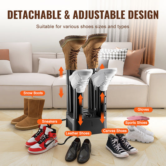 US Local VEVOR Detachable 4 Tubes Shoe Dryer With Heat Blower & Timer Black & Orange,Ultra Silent, Quick Drying For Work Boots, Ski Boots, Sneakers, Gloves, Hats, Helmets