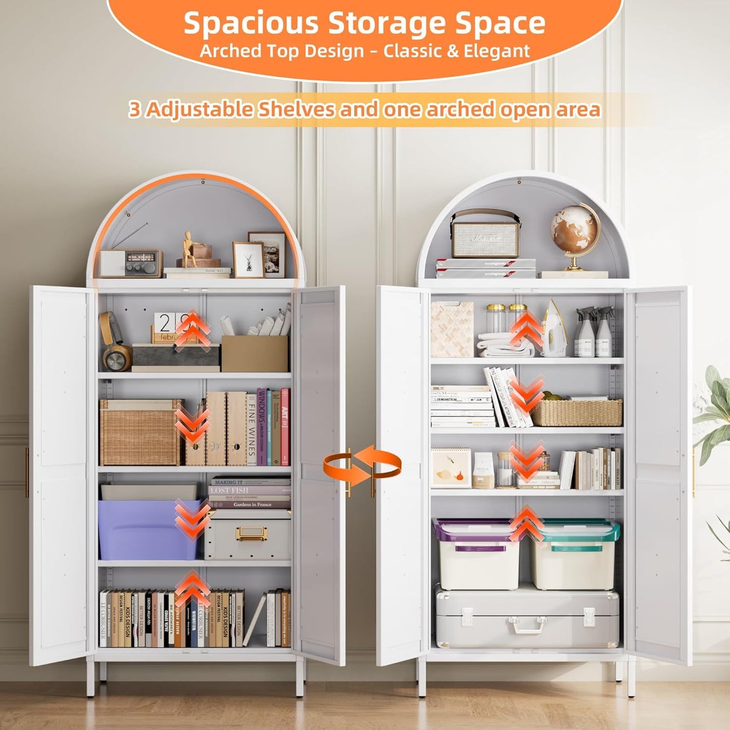 US Local Kitchen Pantry Cabinet, 67in Tall Arched Storage Cabinet With Doors And Shelves, White Freestanding Cupboard For Laundry, Dining Room, Living Room, Bathroom