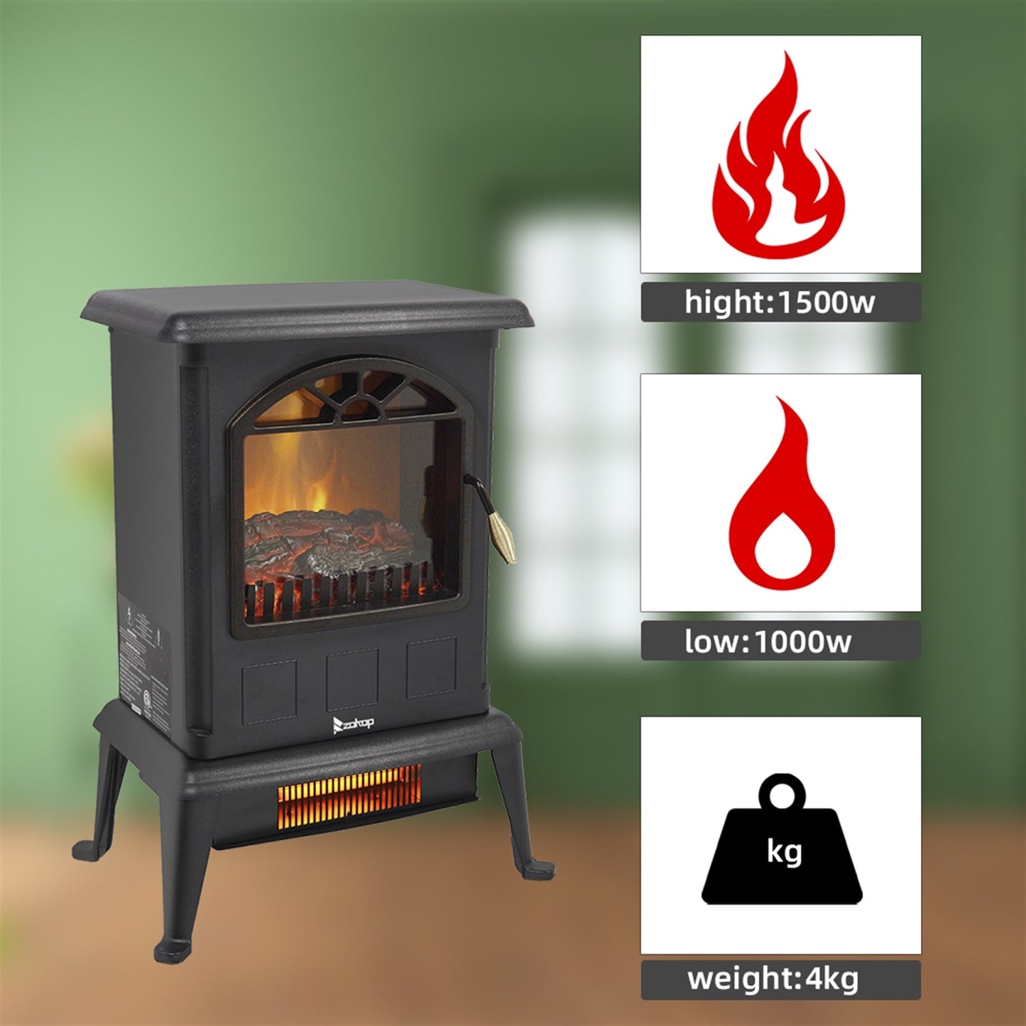 US Local 1500w Vertical Fireplace Machinery Fake Firewood Single Color 2 Quartz Tubes Black