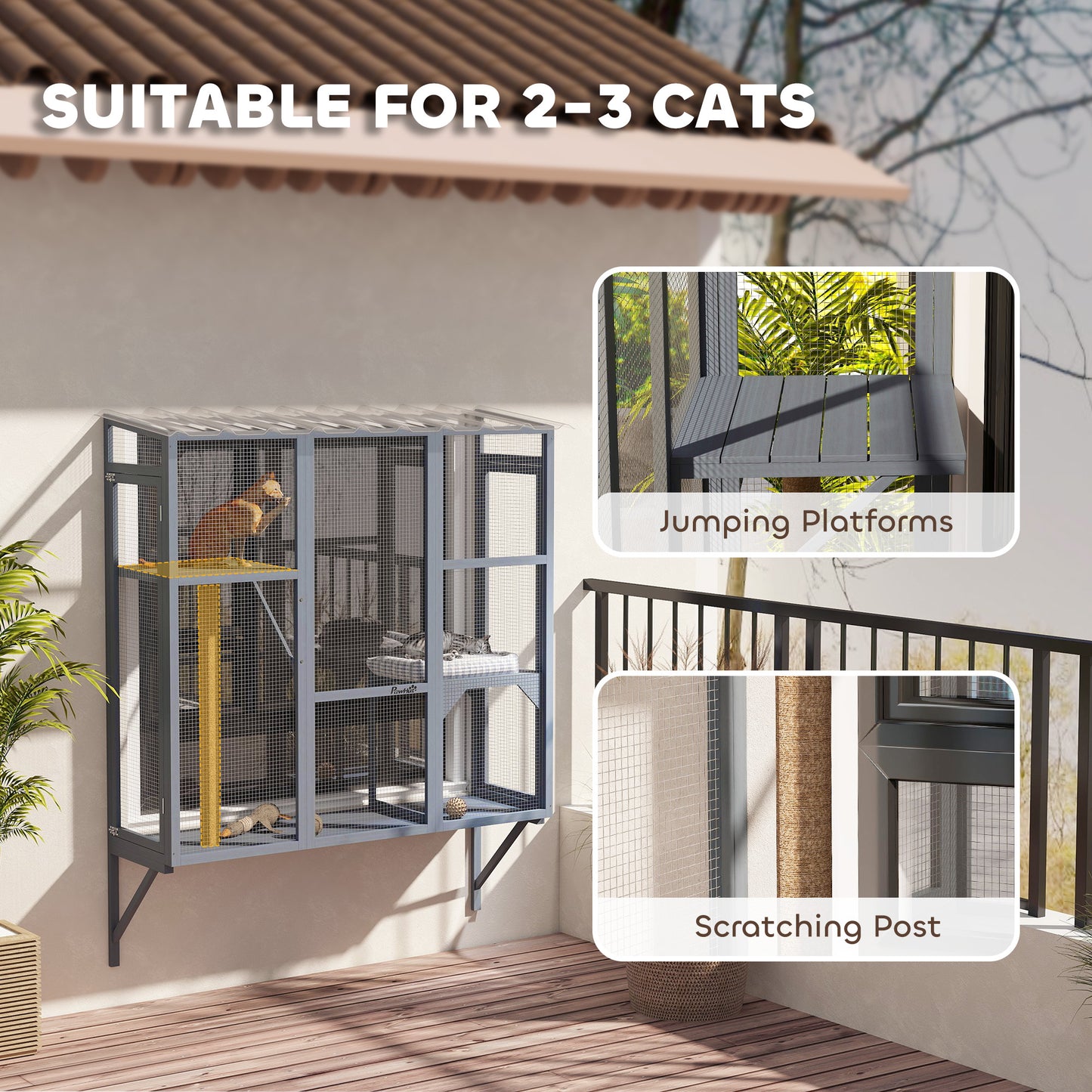US Local Catio Outdoor, Window Catio For 2-3 Large Indoor Cats W 2 Jumping Platforms, Scratching Post, For Playing, Napping