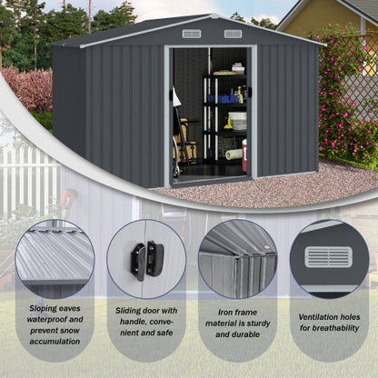 US Local Outdoor Storage Shed 8 X 10 FT Large Metal Tool Sheds  Heavy Duty Storage House With Sliding Doors With Air Vent For Patio Lawn To Store Bikes Tools, Lawnmowers Grey
